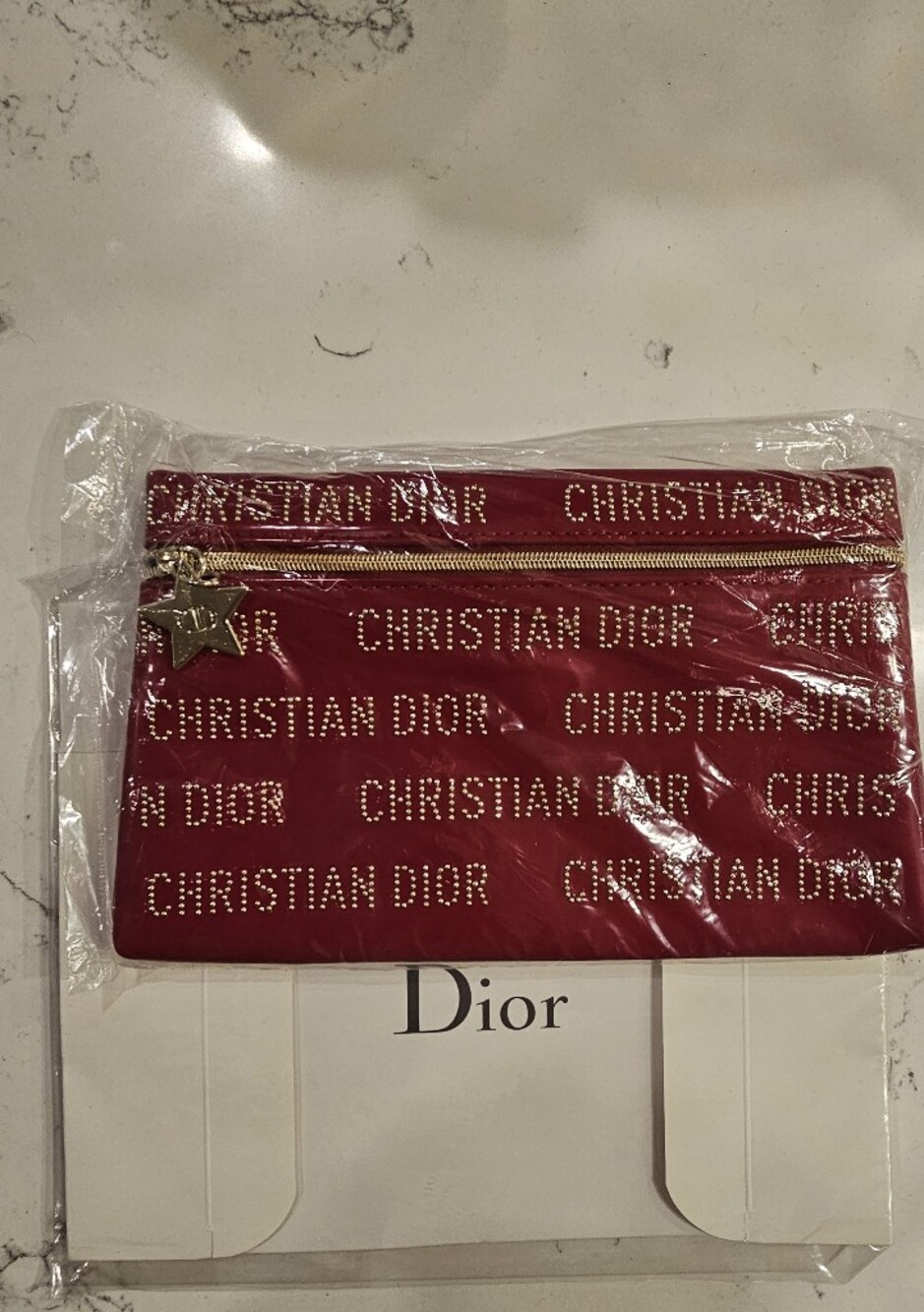 Dior Red Logo Zip Pouch with Gold Star Charm